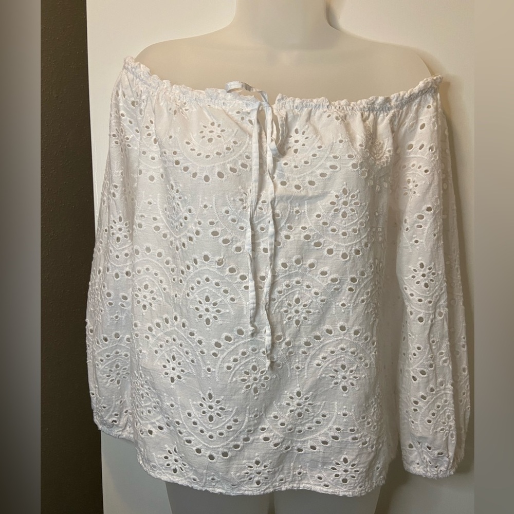 Blue Rain White Eyelet Cotton Blouse Off Shoulder Style Size Medium